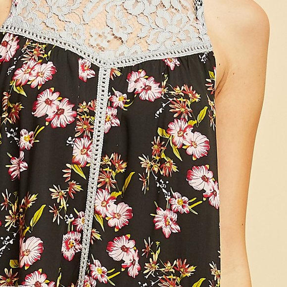 Black Floral Lace Detail Tank Top - Picture 9 of 10